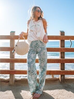 NWT O'Neill Green Tropical Print Wide-Leg Flowy Pants M